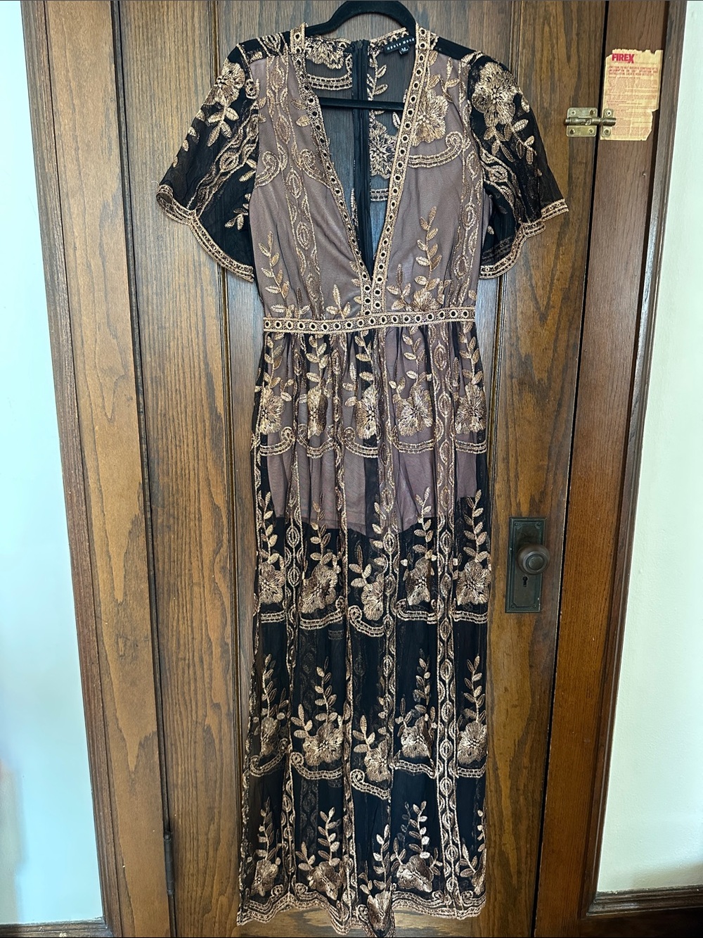 Haute Monde Black Maxi Dress with Gold Embroidery
